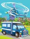 Cartoon scene with police car vehicle on the road near the garage or repair station - illustration