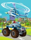 Cartoon scene with police car vehicle on the road near the garage or repair station - illustration