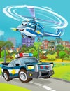 Cartoon scene with police car vehicle on the road near the garage or repair station - illustration