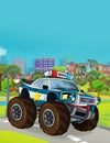 Cartoon scene with police car vehicle on the road near the garage or repair station - illustration
