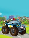 Cartoon scene with police car vehicle on the road near the garage or repair station - illustration