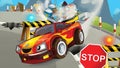 Cartoon scene of police pursuit - police motorcycle chasing racing car - illustration for children
