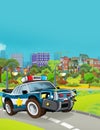 Cartoon scene with police sedan car vehicle on the road and fireman worker - illustration