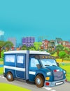 Cartoon scene with police sedan car vehicle on the road and fireman worker - illustration