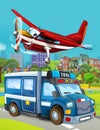 Cartoon scene with police sedan fire brigade car vehicle on the road and fireman worker - illustration for children