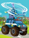 Cartoon scene with police sedan fire brigade car vehicle on the road and fireman worker - illustration for children kids