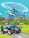 Cartoon scene with police sedan fire brigade car vehicle on the road and fireman worker - illustration for children