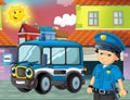 Cartoon scene with policeman and policetruck in the city Royalty Free Stock Photo