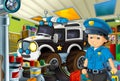 Cartoon scene with policeman in some garage - working repearing police car or clearing work place Royalty Free Stock Photo