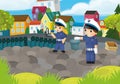 cartoon scene with policemen girl and boy in the city park in action illustration for children