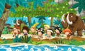 Cartoon scene with prehistoric people traveling near the river with mammoths and fruit trees - illustration for children