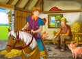 Cartoon scene with prince or king on horse and farmer rancher in the barn pigsty