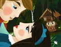Cartoon scene prince and princess in the forest