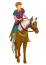 Cartoon scene with prince riding on horse on white background