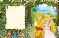 Cartoon scene with princess and king in the forest - wedding couple - title page with space for text