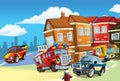 cartoon scene with public service vehicles police fire truck bus and sports car illustration for children Royalty Free Stock Photo