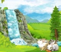 Cartoon scene with rabbit with nature forest with path illustration Royalty Free Stock Photo