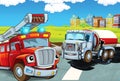 Cartoon scene with red firetruck gathering spilled oil from crashed cistern on the street - duty - illustration