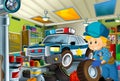 Cartoon scene with repairman in some garage - working repearing police car or clearing work place Royalty Free Stock Photo
