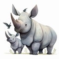 Cartoon scene with rhinoceros family on white background. Mother and baby rhino. Generative AI Royalty Free Stock Photo