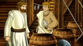 Cartoon scene with roman or greek ancient character inside wooden ship chamber illustration