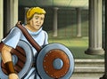 Cartoon scene with roman or greek warrior ancient character near some ancient building like temple