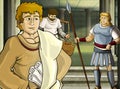 Cartoon scene with roman or greek warrior ancient character near some ancient building like temple