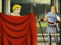 Cartoon scene with roman or greek warrior ancient character near some ancient building like temple