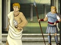 Cartoon scene with roman or greek warrior ancient character near some ancient building like temple Royalty Free Stock Photo