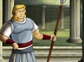 Cartoon scene with roman or greek warrior ancient character near some ancient building like temple