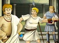 Cartoon scene with roman or greek warrior ancient character near some ancient building like temple