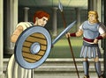 Cartoon scene with roman or greek warrior ancient character near some ancient building like temple