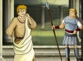 Cartoon scene with roman or greek warrior ancient character near some ancient building like temple Royalty Free Stock Photo