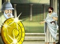 Cartoon scene with roman or greek warrior ancient character near some ancient building like temple Royalty Free Stock Photo