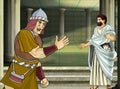 Cartoon scene with roman or greek warrior ancient character near some ancient building like temple