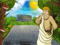 Cartoon scene with roman or greek warrior pirate ancient character near some ancient building like temple illustration for Royalty Free Stock Photo