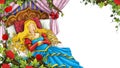 Cartoon scene of rose garden with sleeping princess near castle in the background illustration for children