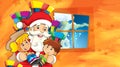 Cartoon scene with santa claus and kids waiting for presents and decorating christmas tree - illustration Royalty Free Stock Photo