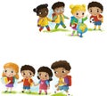 cartoon scene with school kids pupils together having fun learning on white background illustration for children