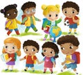 cartoon scene with school kids pupils together having fun learning on white background illustration for children