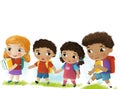 cartoon scene with school kids pupils together having fun learning on white background illustration for children