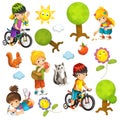 Cartoon scene with set of different elements people and summer activity