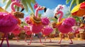 Cartoon scene of silly flamingos in zany costumes doing the macarena with their long pink legs while munching on churros
