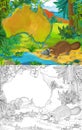 Cartoon scene with sketch duckbill bird platypus with continent map - illustration