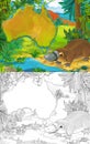 Cartoon scene with sketch duckbill bird platypus with continent map - illustration