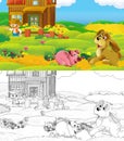 Cartoon scene with sketch farm ranch animal near wooden barn