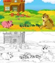 Cartoon scene with sketch farm ranch animal near wooden barn