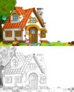 Cartoon scene with sketch with farm ranch house on the meadow - illustration