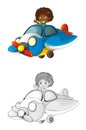 Cartoon scene with sketch with kid in toy traditional plane with propeller flying - illustration Royalty Free Stock Photo