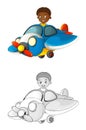 Cartoon scene with sketch with kid in toy traditional plane with propeller flying - illustration Royalty Free Stock Photo